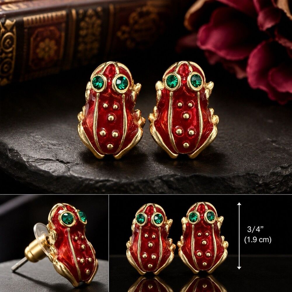 Vintage Jewelry Frog Earrings Red Enamel Green Rhinestone Gold Tone Statement